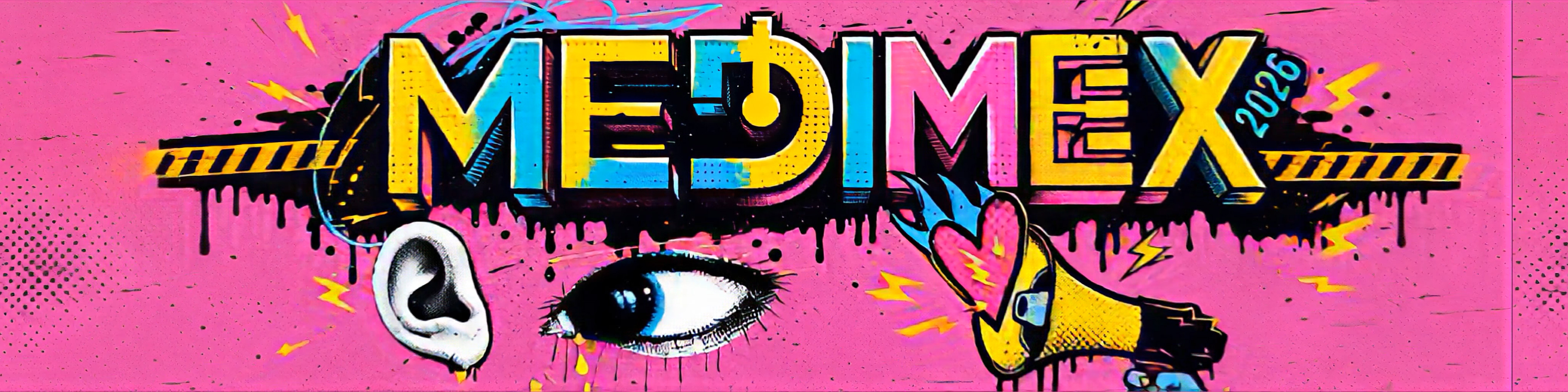 Logo MEDIMEX 2026 con orecchio, occhio e megafono pop