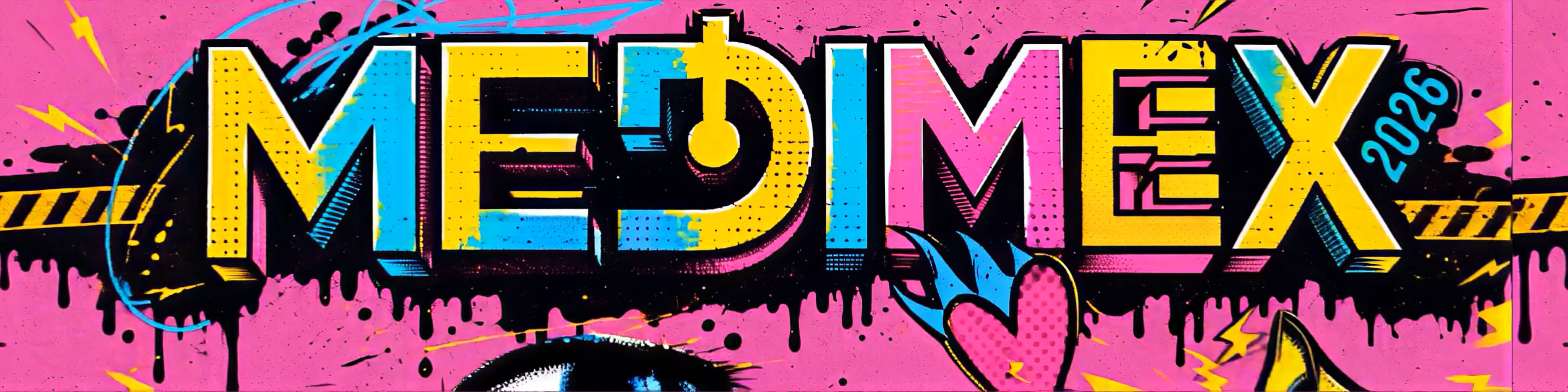 Primo piano del logo MEDIMEX 2026 su fondo rosa