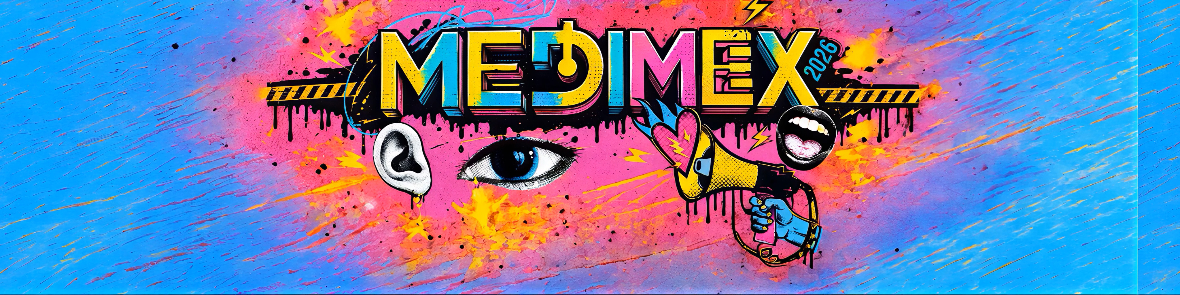 Logo MEDIMEX 2026 completo tra esplosioni di colore su fondo azzurro