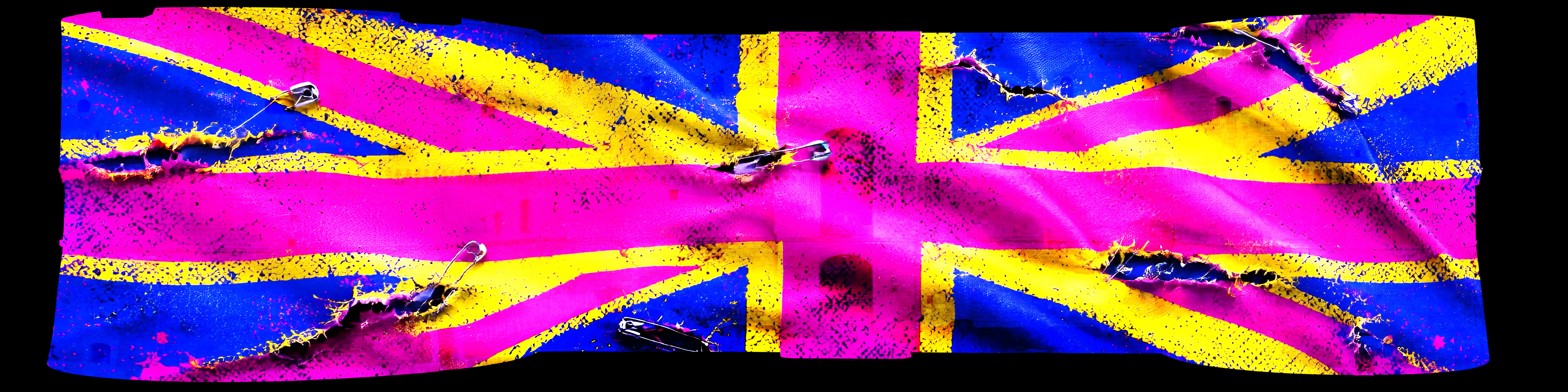 Union Jack lacerata e ricucita con spille da balia