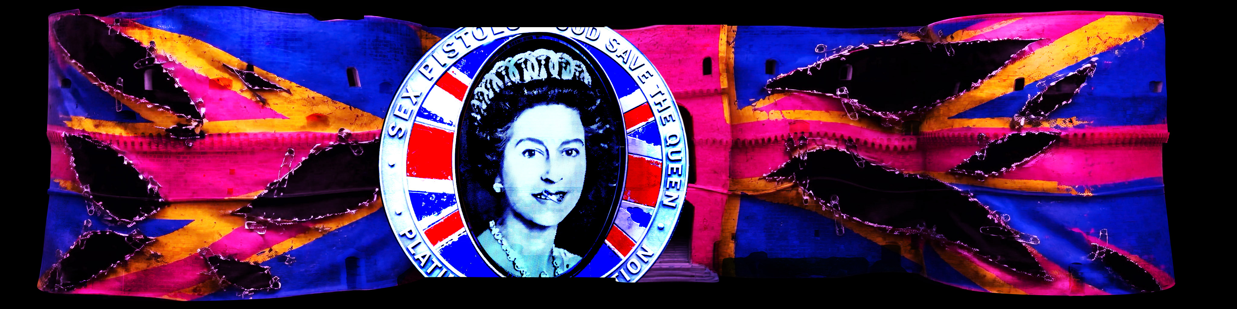 Ritratto della regina trasformato in moneta commemorativa dei Sex Pistols