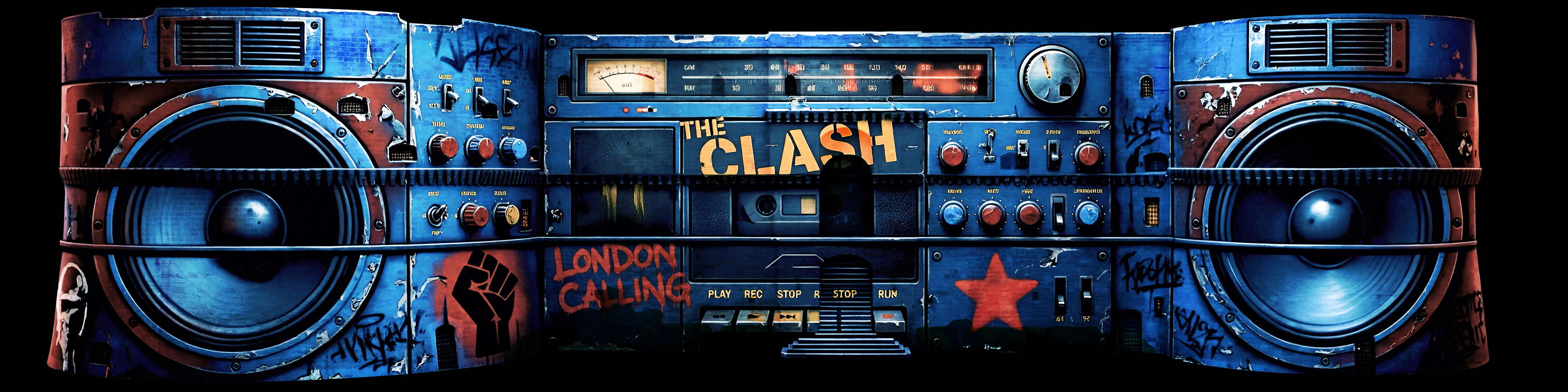 Boombox dei Clash blu e rosso, coperto di scritte e adesivi