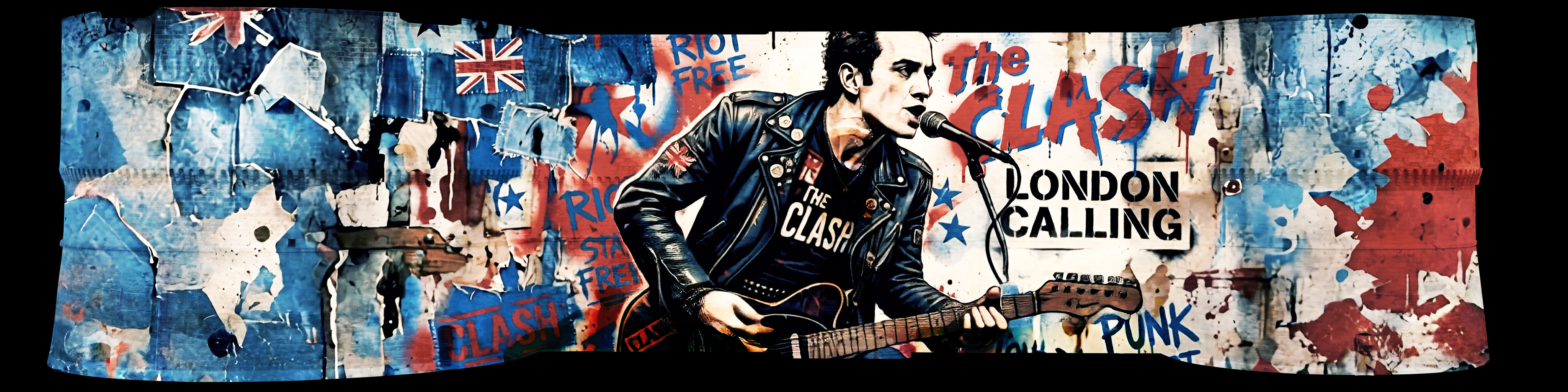 Joe Strummer suona davanti a un muro di poster e scritte dei Clash