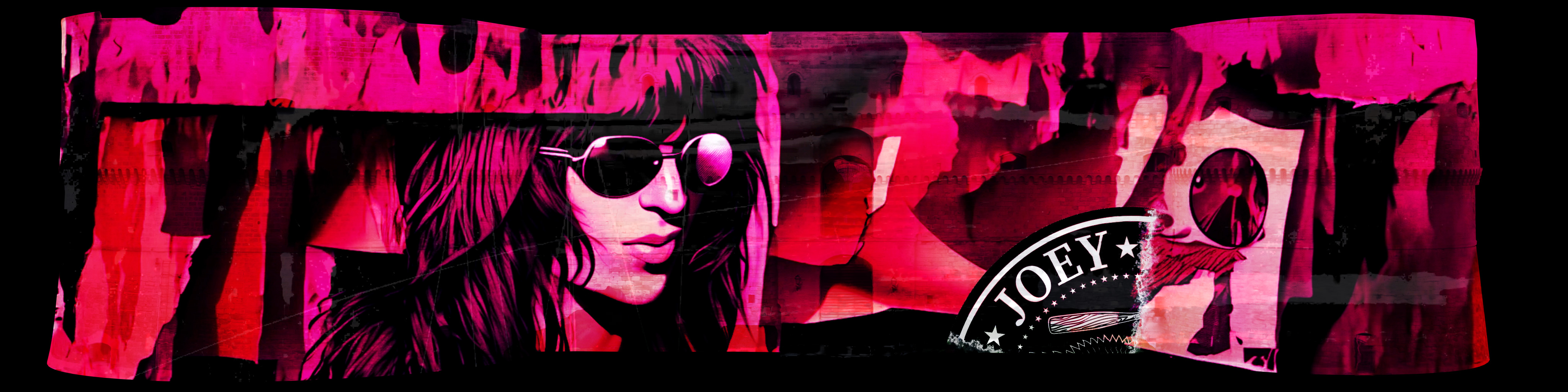 Ritratto di Joey Ramone con occhiali scuri e sigillo del gruppo