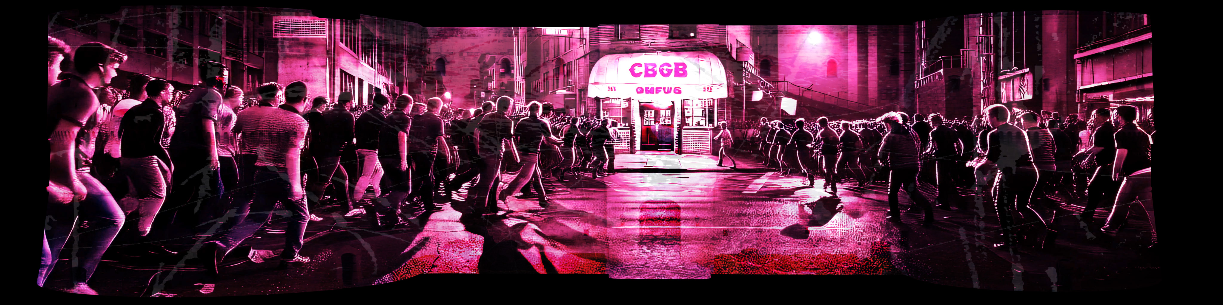 Folla che corre verso l'ingresso del CBGB in una strada notturna