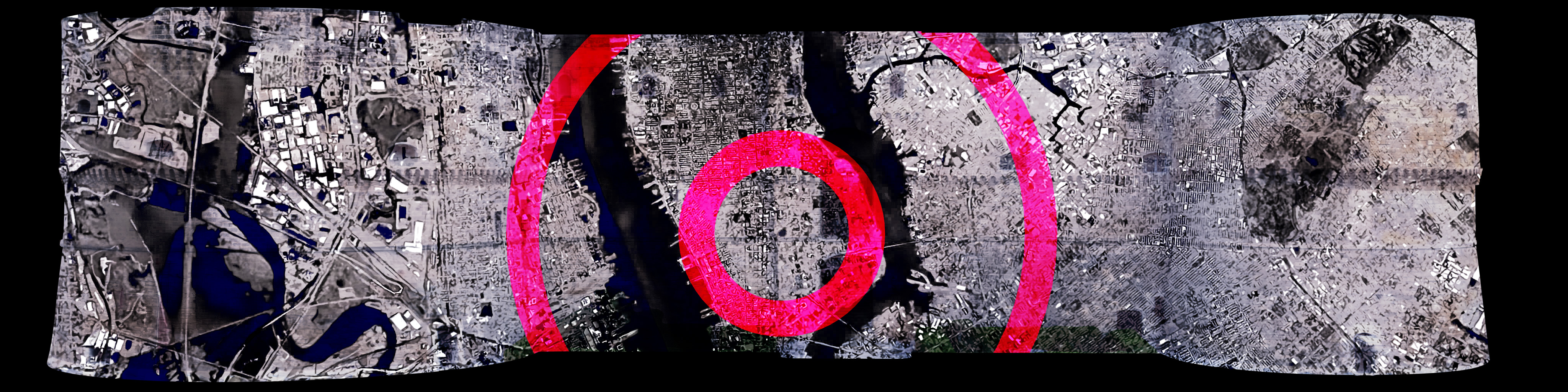 Mappa aerea di Manhattan con onde concentriche dal CBGB