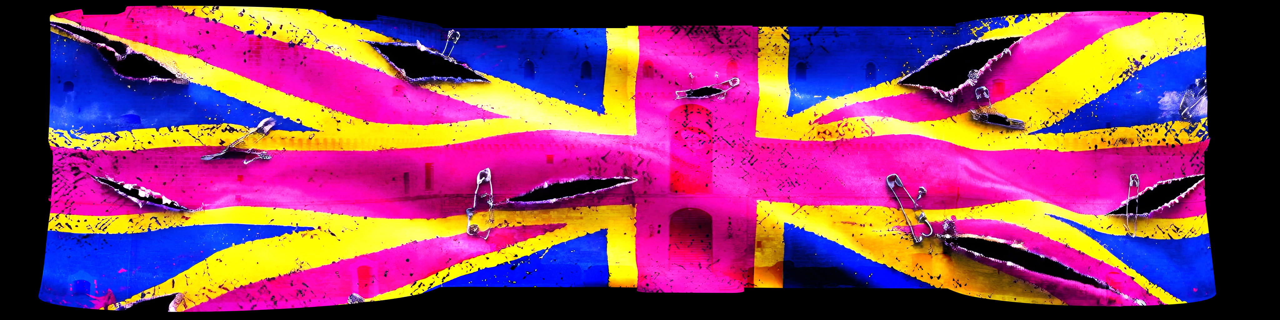 Union Jack attraversata da strappi più ampi e spille metalliche