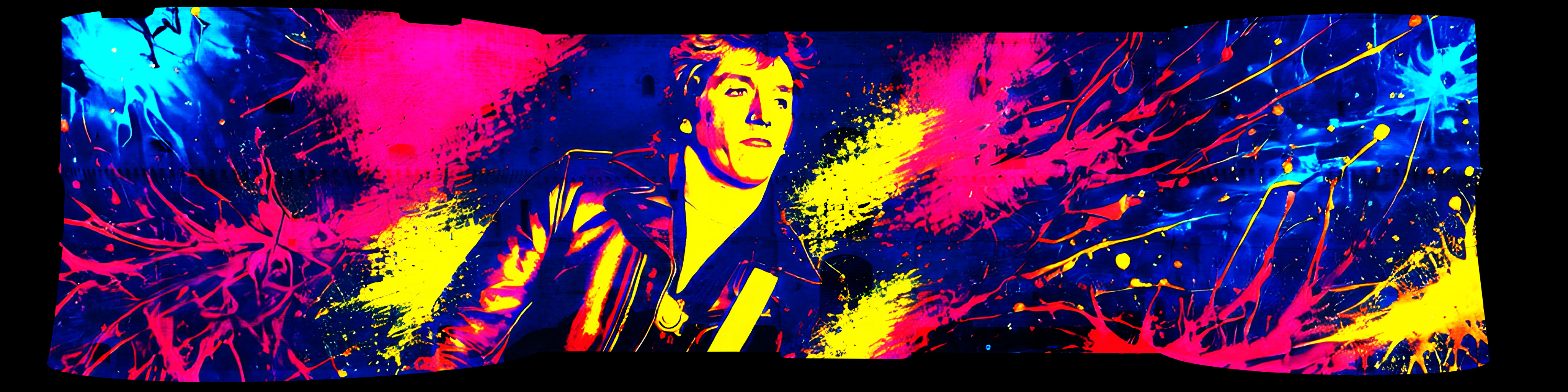 Steve Jones con la chitarra tra spruzzi di colore