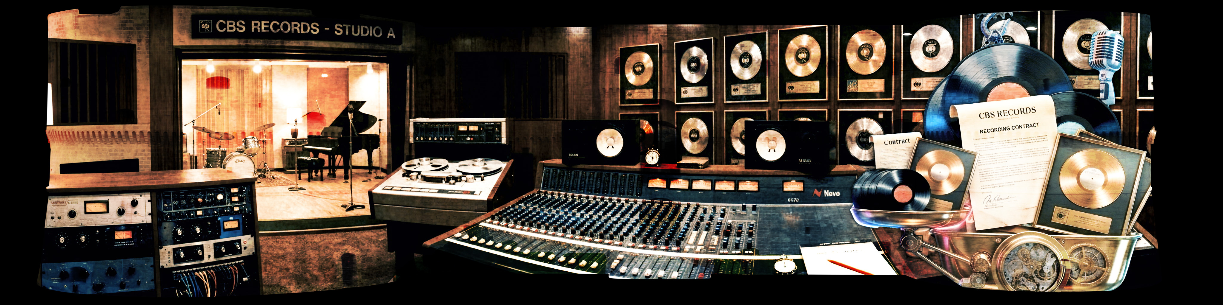 Studio A della CBS con banco mixer, nastri, pianoforte e dischi d'oro