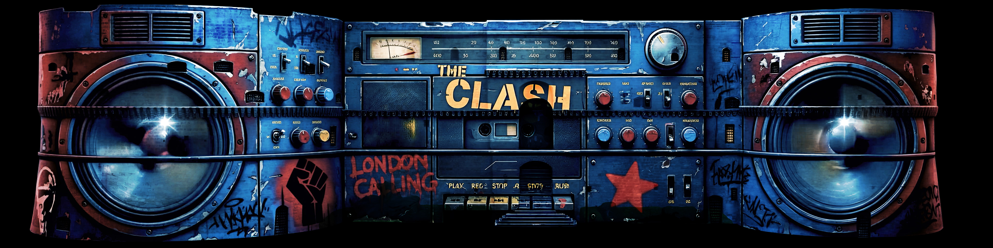 Boombox frontale dei Clash con gli altoparlanti accesi